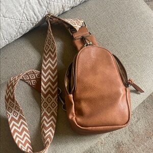 Anthropologie Tan Leather Belt Bag with Patterned Strap